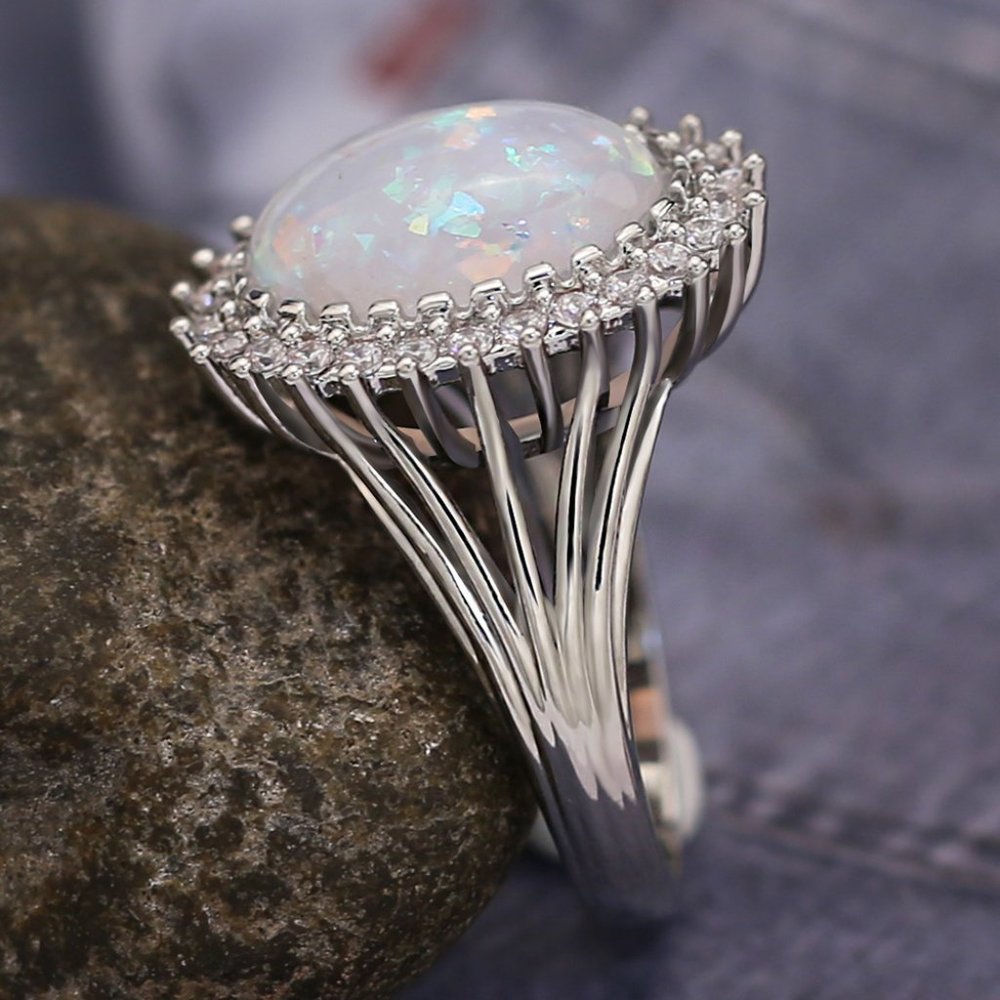 Luxury Super Large Oval Sun Flower Gemstone Fire Opal Silver Ring, VIP312 - Picture 7 of 9